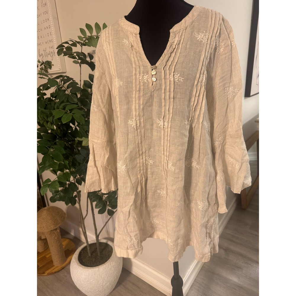 Antibes Blanc Womens Ivory 100% Linen Embroidered Pintuck Bell Sleeve Tunic M